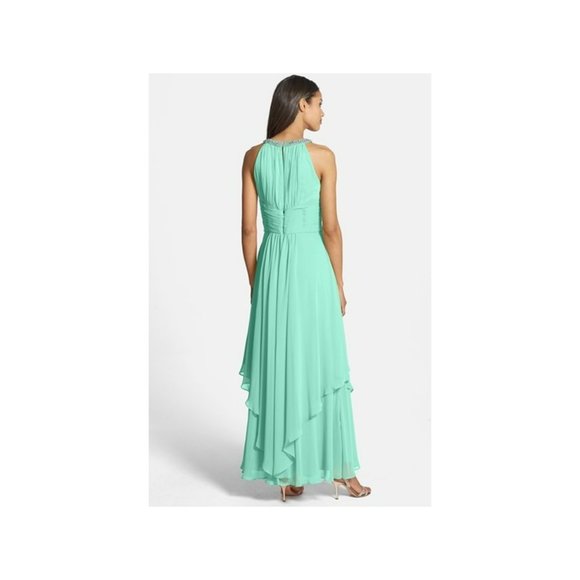 ELIZA J Embellished Tiered Chiffon Halter Gown EVENING BRIDESMAID WEDDING MINT - Picture 2 of 2